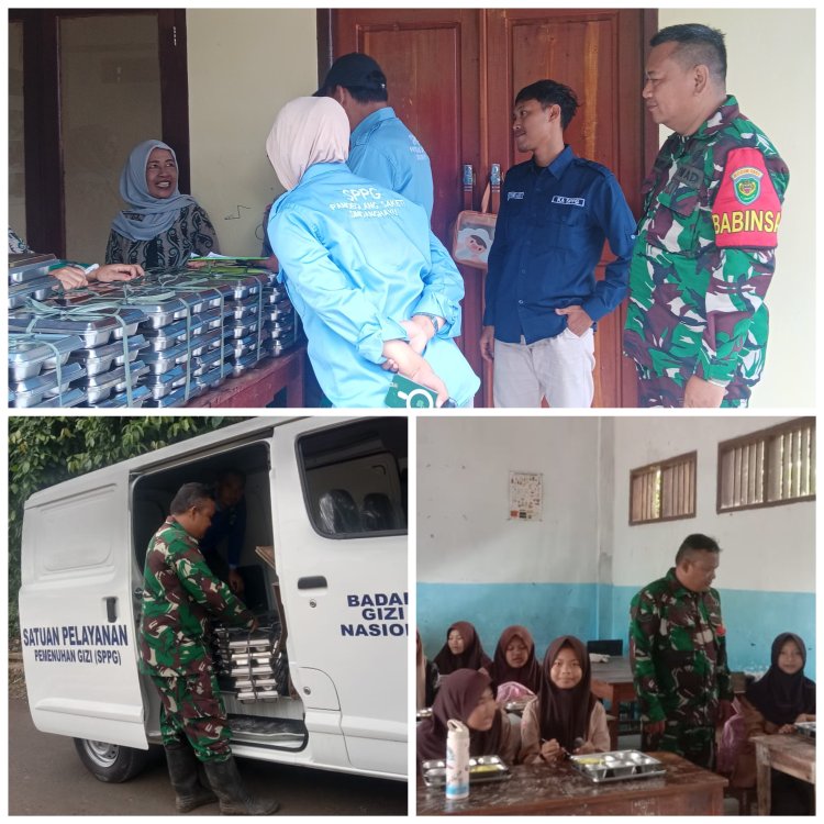 Serka Encep Wahyu Babinsa Koramil 0107/Saketi Dampingi Penyaluran Program MBG Yayasan Global Al-Jabar Indonesia di Kecamatan Saketi